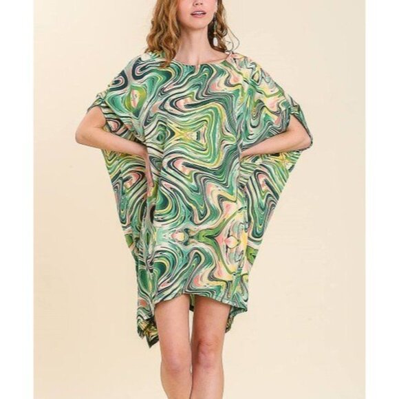 UMGEE U.S.A. Bat-Wing Shift Dress Size S/M Green & Yellow Marble Swirl Kaftan - Picture 10 of 10